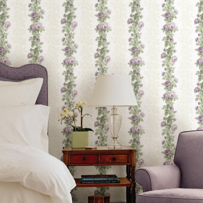 Cottagecore Home, soft pastel wallpaper with lilac headboard. 