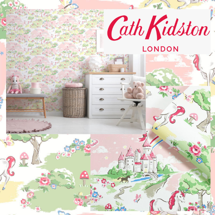 Girls vintage pink bedroom wallpaper, unicorns sale Cath Kidston discount www.wallpapershop.co.uk 