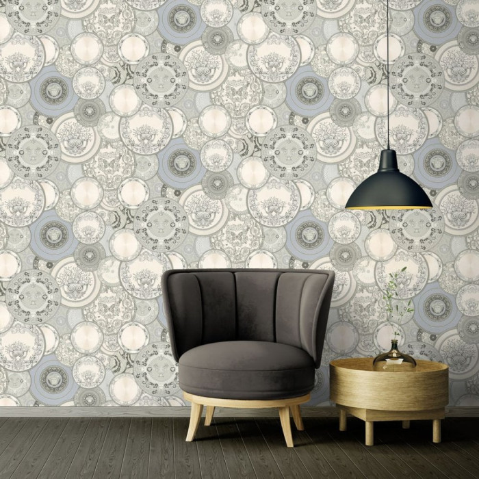 Versace Plates Wallpaper Grey