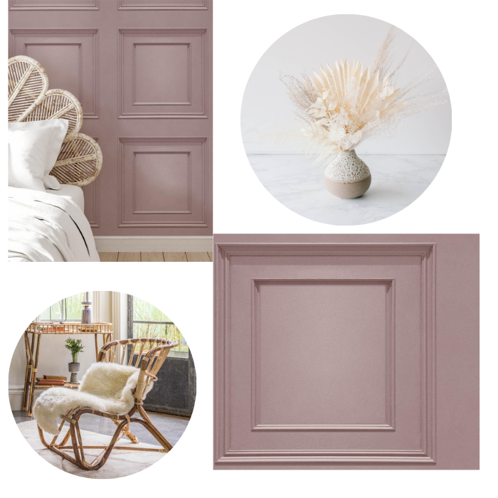 Japandi Bedroom Pink panel wallpaper oliana dried flowers bedside cabinet 
