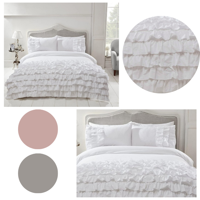 Shabby Chic Ruffle Frill Edge Duvet Set Double Kingsize or Single crisp linen white