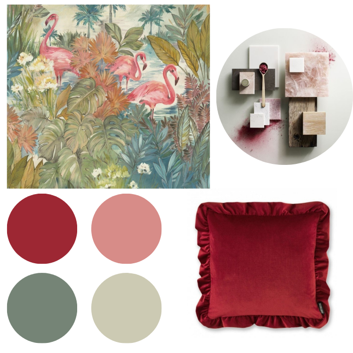 flamingo Wallpaper Blossom Pink. Red Paloma Faith ruffle frill edged sofa cushion