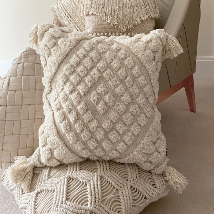 Boho Style Cushions 100% Cotton Tassel Tufted Cream Natural 