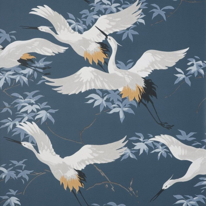 Navy flying cranes wallpaper from Crown wallcoverings