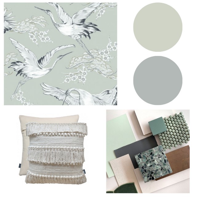 Mint bird themed wallpaper. Flying herons and cranes on a pastel pink backdrop