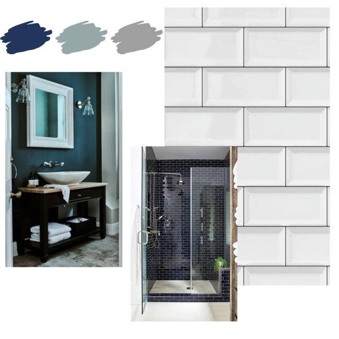 Navy blue bathroom ideas. Gloss white wallpaper tiles with black grout. Modern bathroom wallpaper