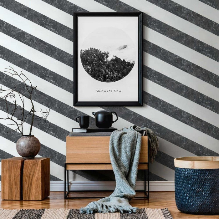 black and white diagonal striped wallpaper in living room