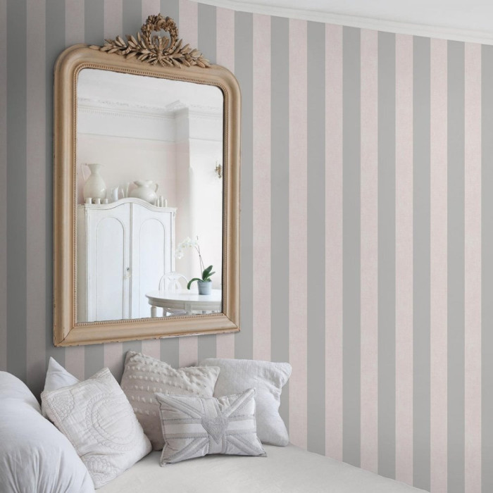 duck egg blue and white striped wallpaper on wall with mirror and couch