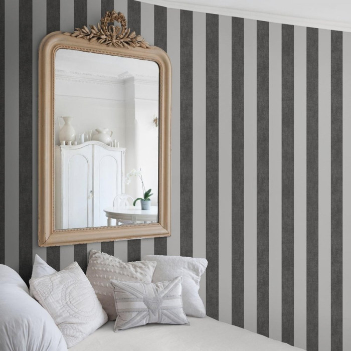 black and white vertical striped wallpaper in bedroom