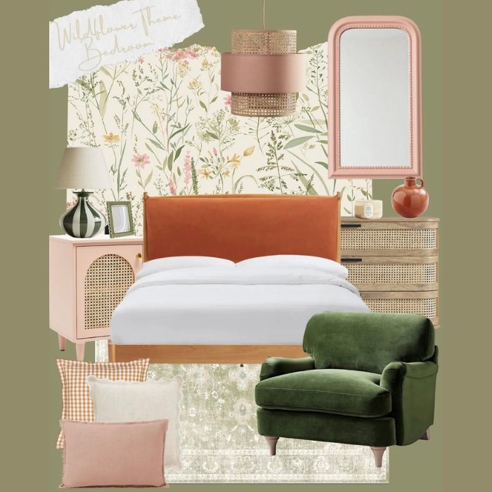 Green Wallpaper with meadow florals 