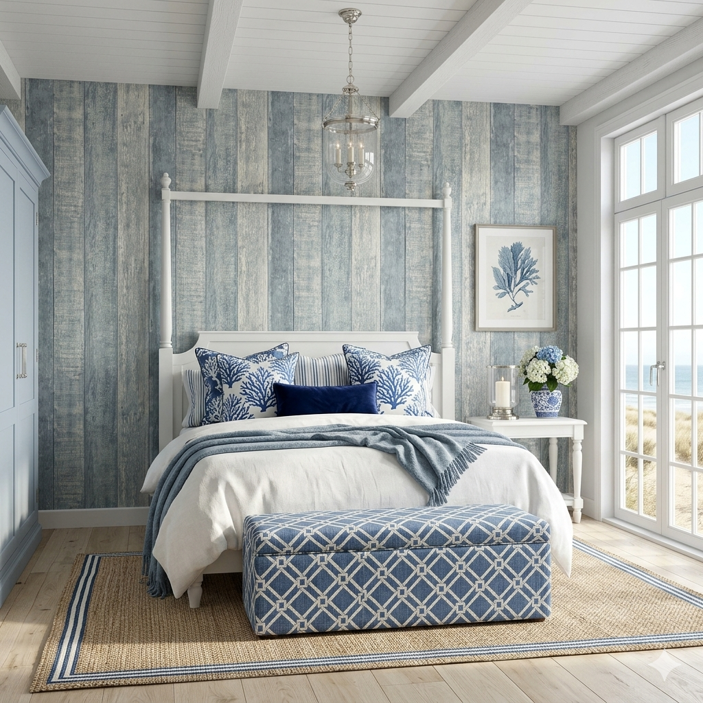 Hamptons Style Bedroom 
Blue woodwash wallpaper perfect for the summer