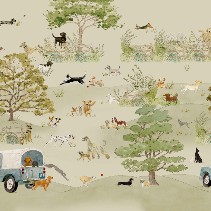 Dog Walking Hambleton Sage Full Wall Mural